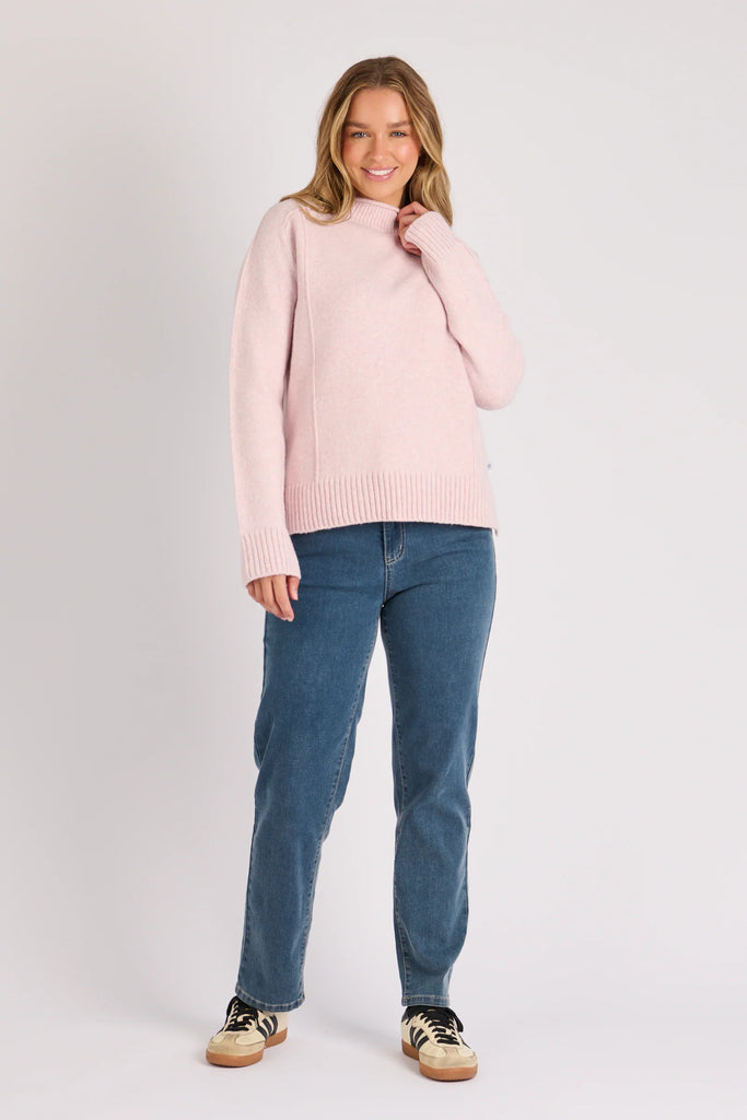 Mock Neck Seam Detail Jumper - Pale Pink-One Ten Willow-The Mock Neck Seam Detail Jumper is the perfect blend of cosy comfort and understated sophistication. Crafted in a pale pink hue, this knit offers effortless styling for cooler days while maintaining a refined, modern silhouette. The elevated seam detailing adds subtle interest, making it an easy piece to dress up with tailored pants or keep casual with your favourite denim. *Soft polyester, wool and elastane blend offering warmth with gentle stretch.