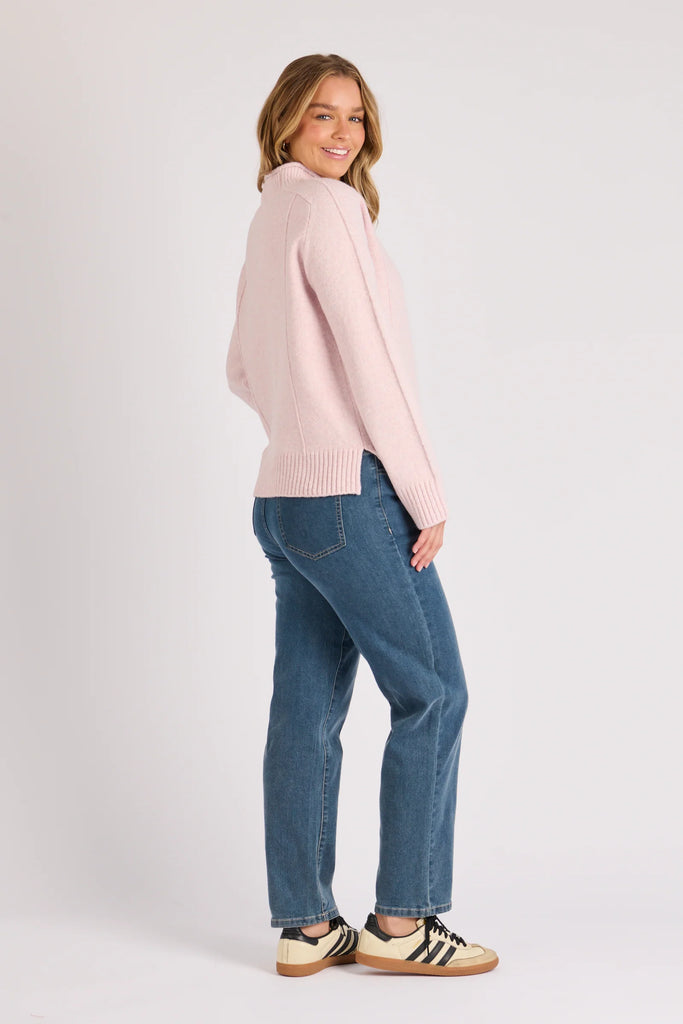 Mock Neck Seam Detail Jumper - Pale Pink-One Ten Willow-The Mock Neck Seam Detail Jumper is the perfect blend of cosy comfort and understated sophistication. Crafted in a pale pink hue, this knit offers effortless styling for cooler days while maintaining a refined, modern silhouette. The elevated seam detailing adds subtle interest, making it an easy piece to dress up with tailored pants or keep casual with your favourite denim. *Soft polyester, wool and elastane blend offering warmth with gentle stretch.
