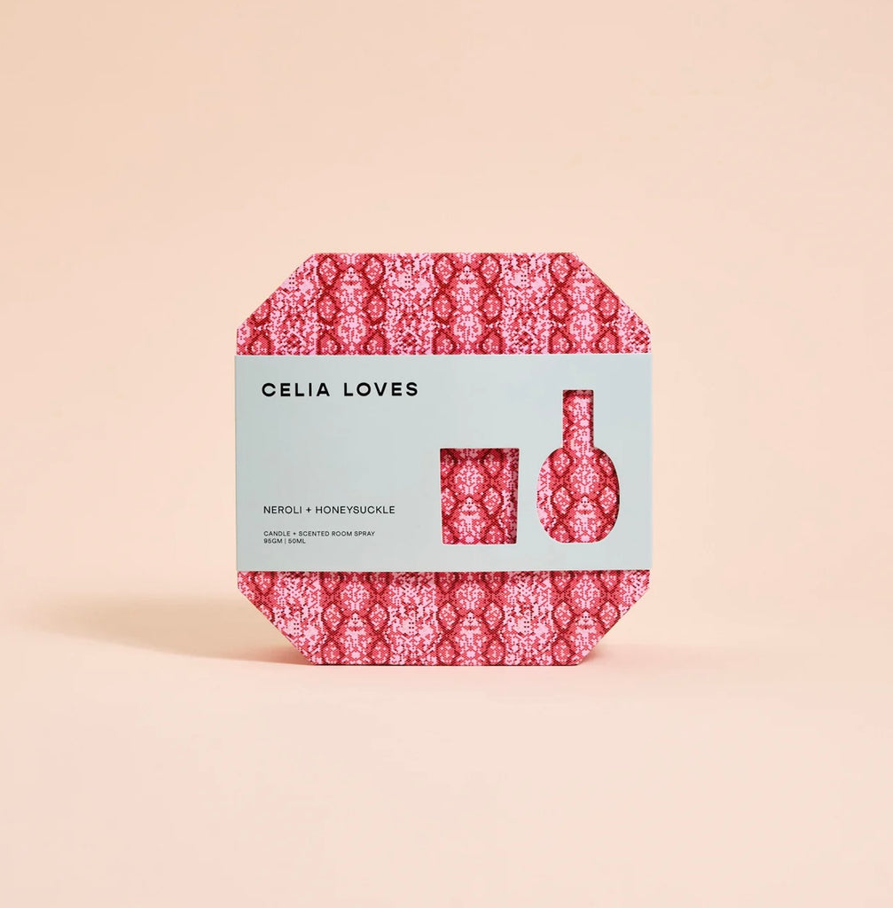 Neroli & Honeysuckle - Candle & Room Spray Duo Set-Celia Loves-Infused to fill the room with the warm green and delicate fragrance of the sweet flowering vine. Our cult-favourite Japanese Honeysuckle reimagined. An ethereal, sensuous spring bloom and deliciously light floral musk. Top notes white tea, red berries, mandarin, sweet orange Heart notes cassis, ylang-ylang, rose, green leaves Base notes cedarwood, vanilla Duo Set includes: 1 x 95gms Neroli & Honeysuckle Scented Candle 1 x 50ml Neroli & Honeysuck