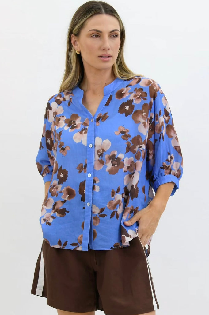Nikola shirt - blue floral-Pash + Evolve-* Button up front & back * Short sleeves * hi-low hemline * 100% Linen-Pash + Evolve