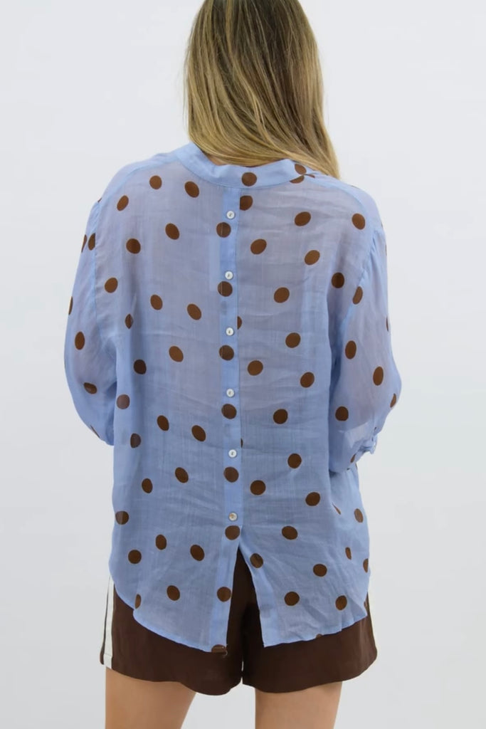 Nikola shirt - blue/choc spot-Pash + Evolve-Our best selling Nikola shirt, now in spots! This top is super easy to wear, and the most flattering fit on. Easily dress her up or down. * Button up front & back *Short sleeves *Blue/Chocolate spot * hi-low hemline * 100% Linen-Pash + Evolve