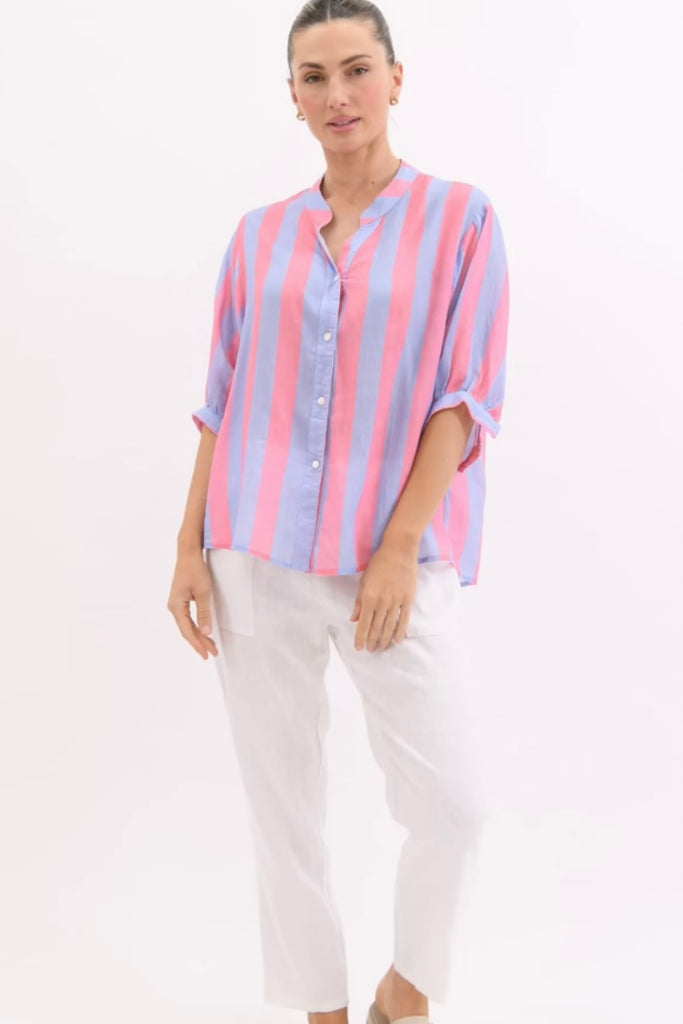 Nikola shirt - lilac/pink-Pash + Evolve-Our best selling Nikola shirt, now in stripes! This top is super easy to wear, and the most flattering fit on. Easily dress her up or down. * Button up front & back *Short sleeves *Blue/Chocolate * hi-low hemline * 100% Linen-Pash + Evolve