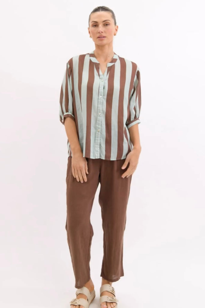 Nikola shirt - mint/chocolate-Pash + Evolve-Nikola is always on Demand, in fact you will want to own her in every colour. This top is super easy to wear, and the most flattering fit on. Easily dress her up or down. * Button up front & back *Short sleeves *Blue/Chocolate * hi-low hemline * 100% Linen-Pash + Evolve