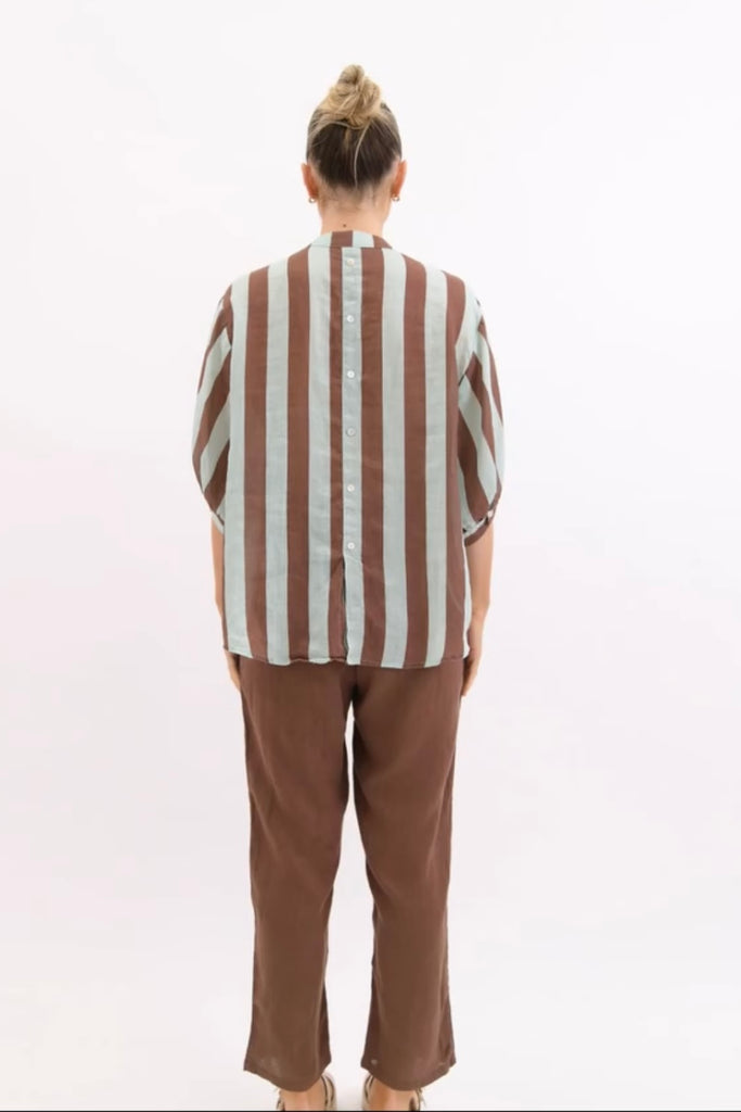 Nikola shirt - mint/chocolate-Pash + Evolve-Nikola is always on Demand, in fact you will want to own her in every colour. This top is super easy to wear, and the most flattering fit on. Easily dress her up or down. * Button up front & back *Short sleeves *Blue/Chocolate * hi-low hemline * 100% Linen-Pash + Evolve