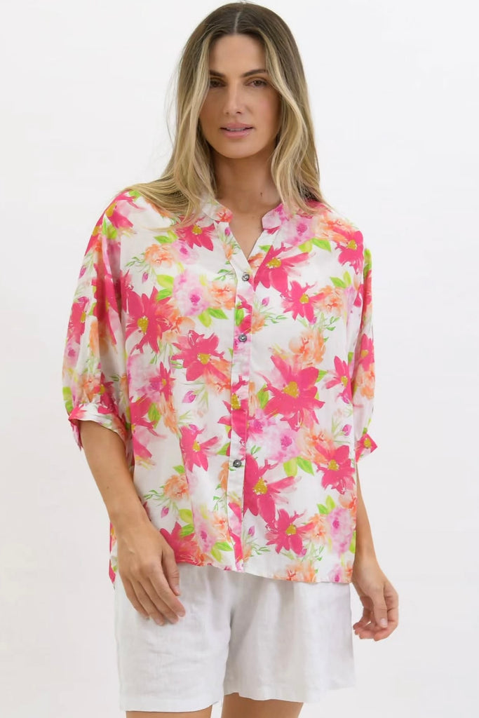 Nikola shirt - pink floral-Pash + Evolve-* Button up front & back * Short sleeves * hi-low hemline * 100% Linen-Pash + Evolve