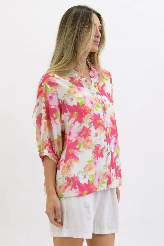 Nikola shirt - pink floral-Pash + Evolve-* Button up front & back * Short sleeves * hi-low hemline * 100% Linen-Pash + Evolve