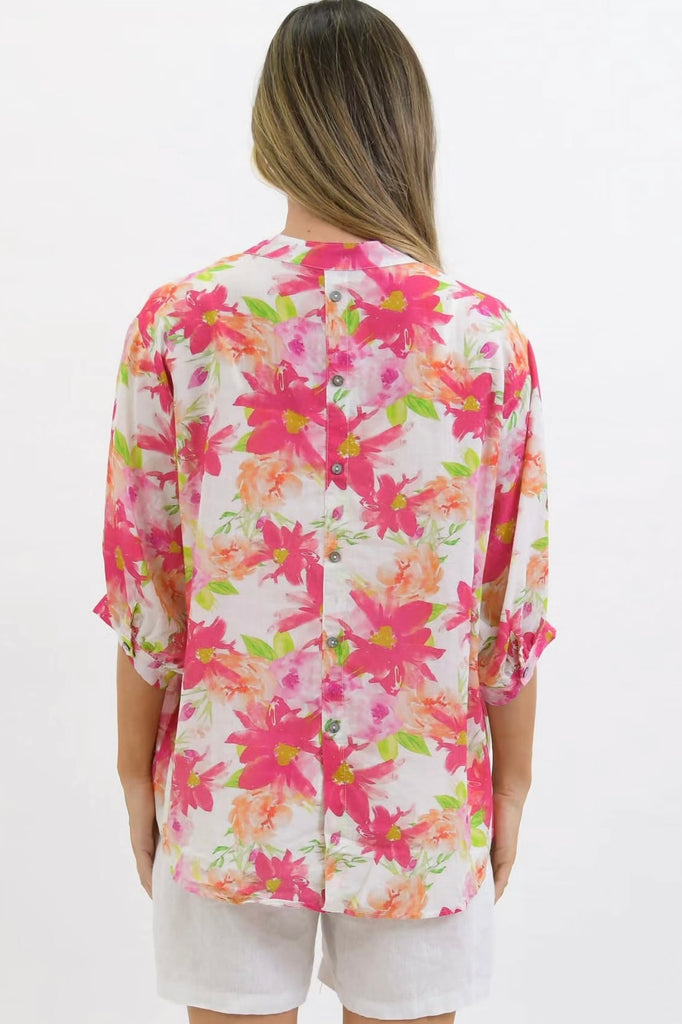 Nikola shirt - pink floral-Pash + Evolve-* Button up front & back * Short sleeves * hi-low hemline * 100% Linen-Pash + Evolve