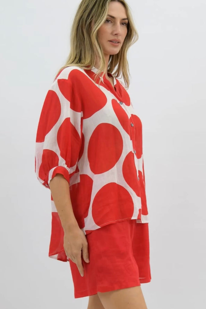 Nikola shirt - red spot-Pash + Evolve-Our best selling Nikola shirt, now in spots! This top is super easy to wear, and the most flattering fit on. Easily dress her up or down. * Button up front & back * Short sleeves * hi-low hemline * 100% Linen-Pash + Evolve