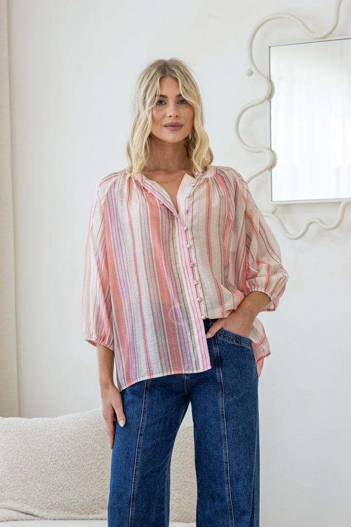 Nina shirt - Pink/Mango-Pash + Evolve-*Button down front *Mango/Pink stripes *Long sleeve *Elasticated cuffs *Lightweight material *80% Tencel, 13%Viscose, 7% Linen-Pash + Evolve