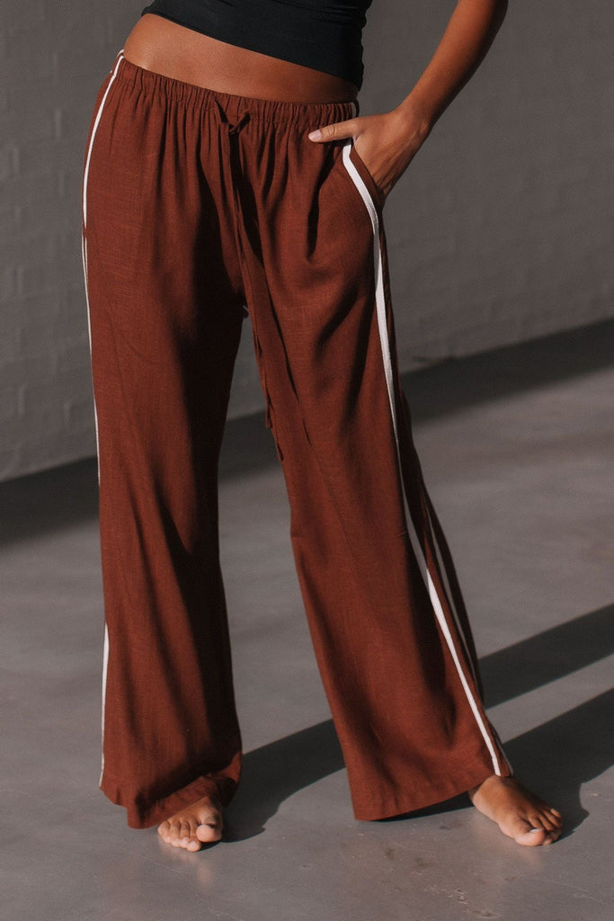 Nova stripe pant - chocolate-Pash + Evolve-*Pockets *White stripe down side *Relaxed fit *Elasticated waist *Draw string *70% Linen/30% Viscose-Pash + Evolve
