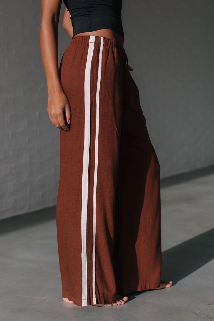 Nova stripe pant - chocolate-Pash + Evolve-*Pockets *White stripe down side *Relaxed fit *Elasticated waist *Draw string *70% Linen/30% Viscose-Pash + Evolve