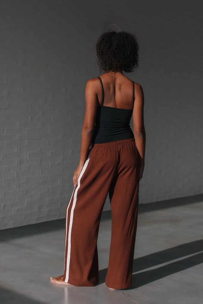 Nova stripe pant - chocolate-Pash + Evolve-*Pockets *White stripe down side *Relaxed fit *Elasticated waist *Draw string *70% Linen/30% Viscose-Pash + Evolve