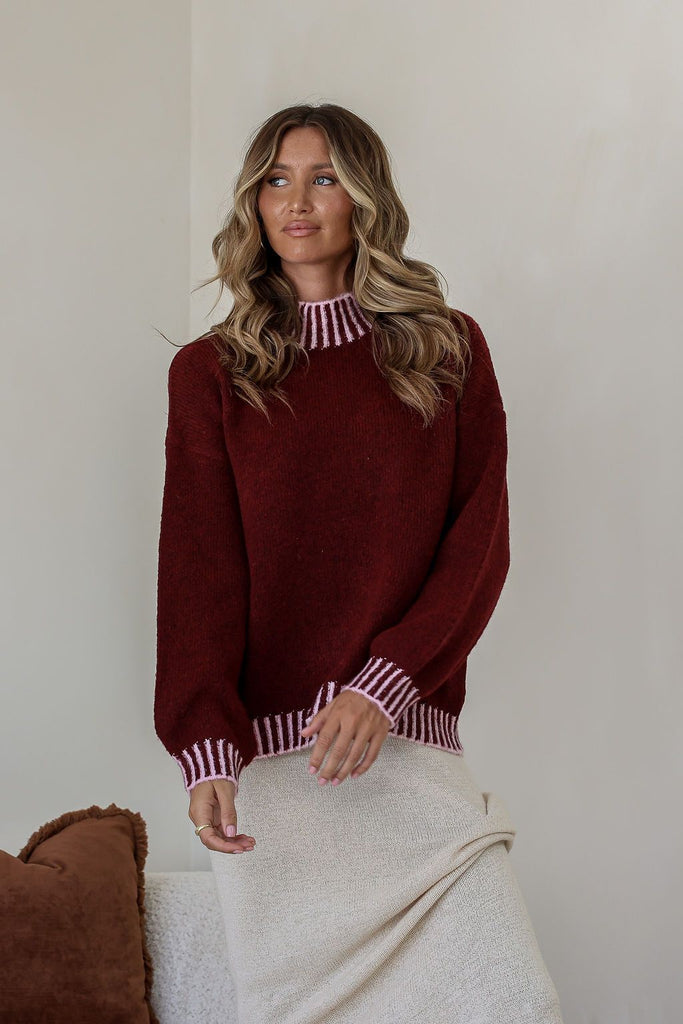 Paige knit - Burgundy-Pash + Evolve-*Round neck *Long sleeve *Super soft & comfy *65% Acrylic, 35% Wool-Pash + Evolve