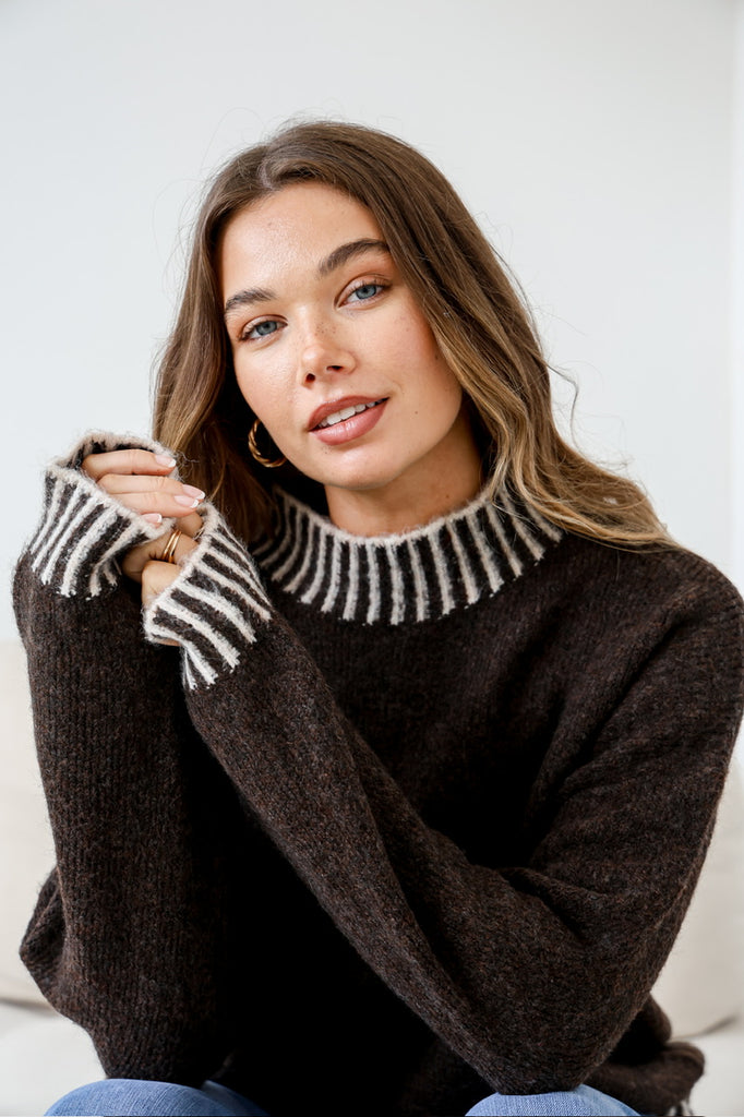 Paige knit - chocolate-Pash + Evolve-*Contrast blanket stitching *Long sleeve *Round neck *65% Acrylic, 35% Wool-Pash + Evolve