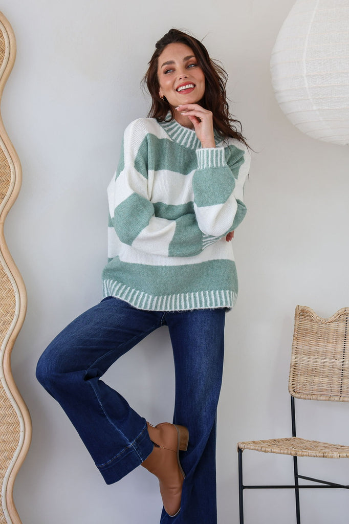 Paige stripe knit - sage-Pash + Evolve-*Round neck *Long sleeve *Super soft & comfy *Sage/ivory stripe *65% Acrylic, 35% Wool-Pash + Evolve
