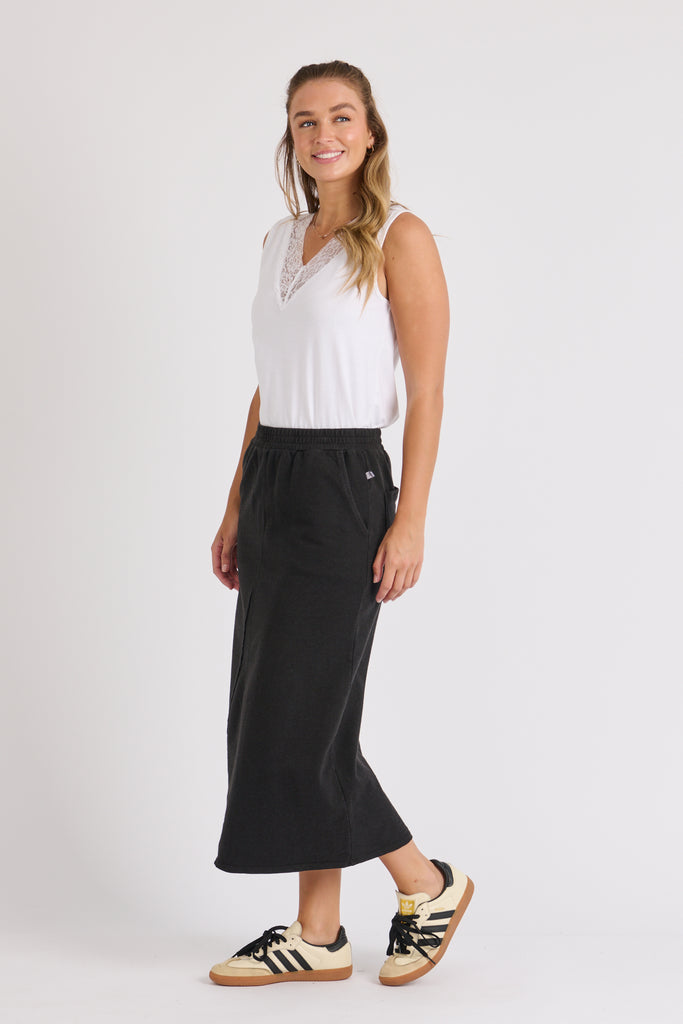 Panel detail skirt - black-One Ten Willow-*Elasticated waist *Panel detail *Midi length *Cotton/Polyester/French Terry-Pash + Evolve