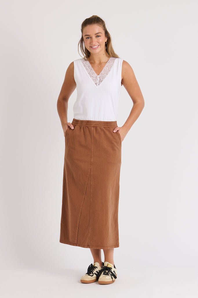 Panel detail skirt - brown-One Ten Willow-*Elasticated waist *Panel detail *Midi length *Cotton/Polyester/French Terry-Pash + Evolve