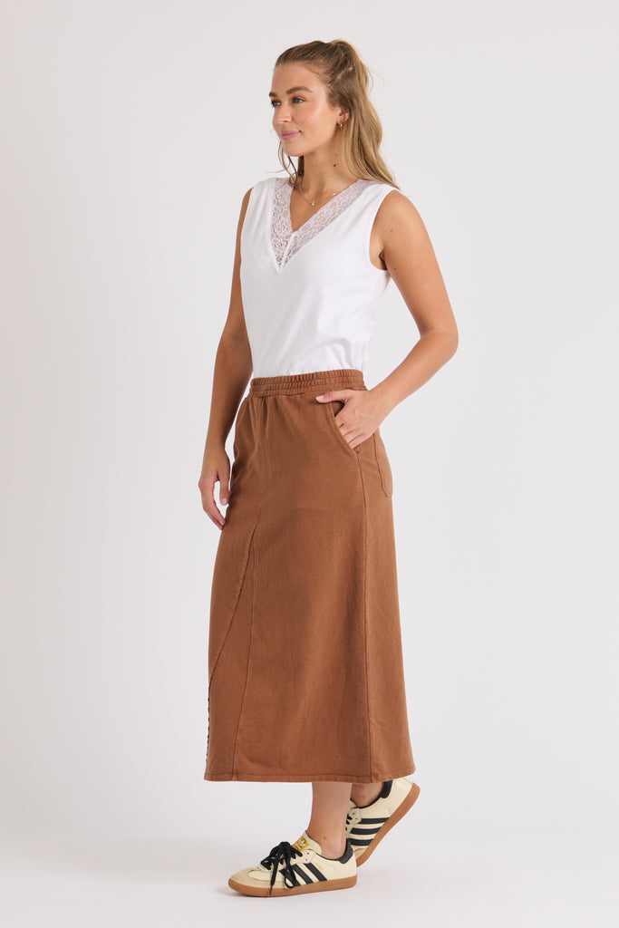 Panel detail skirt - brown-One Ten Willow-*Elasticated waist *Panel detail *Midi length *Cotton/Polyester/French Terry-Pash + Evolve