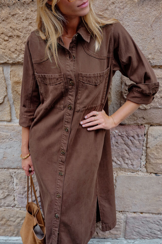 Rae Long Sleeve Midi Dress - Chocolate-Ceres Life-Curved yoke and sleeve seam detail Long sleeve with button cuff Button through Longer midi length 61% Cotton, 39% Lyocell.-Pash + Evolve