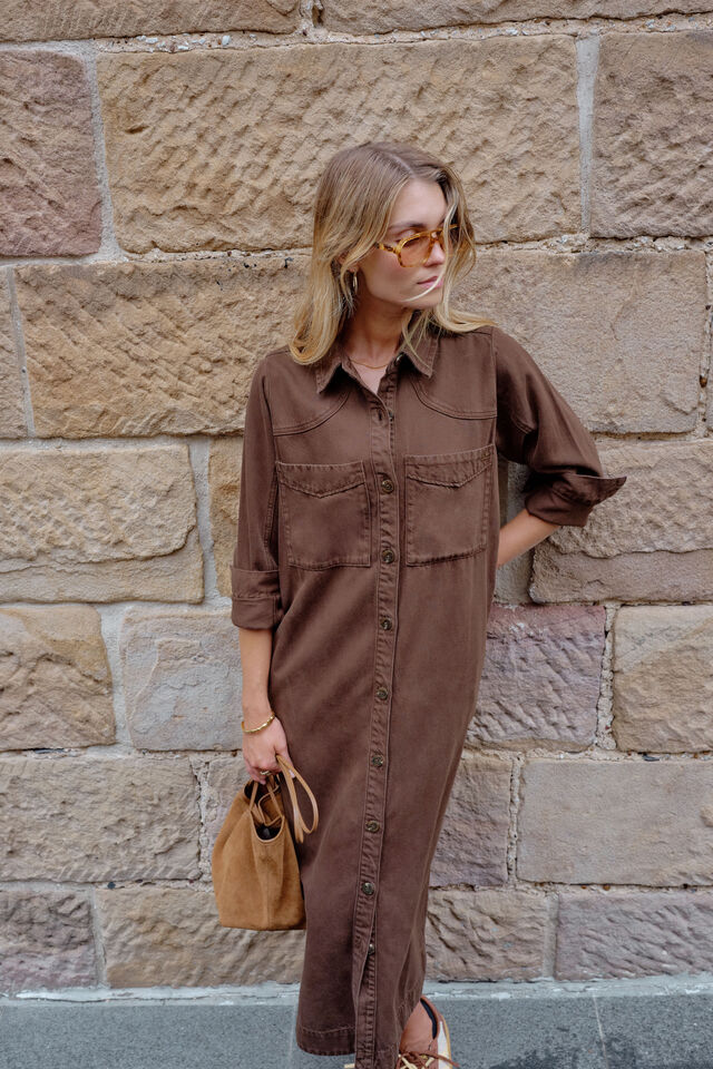 Rae Long Sleeve Midi Dress - Chocolate-Ceres Life-Curved yoke and sleeve seam detail Long sleeve with button cuff Button through Longer midi length 61% Cotton, 39% Lyocell.-Pash + Evolve