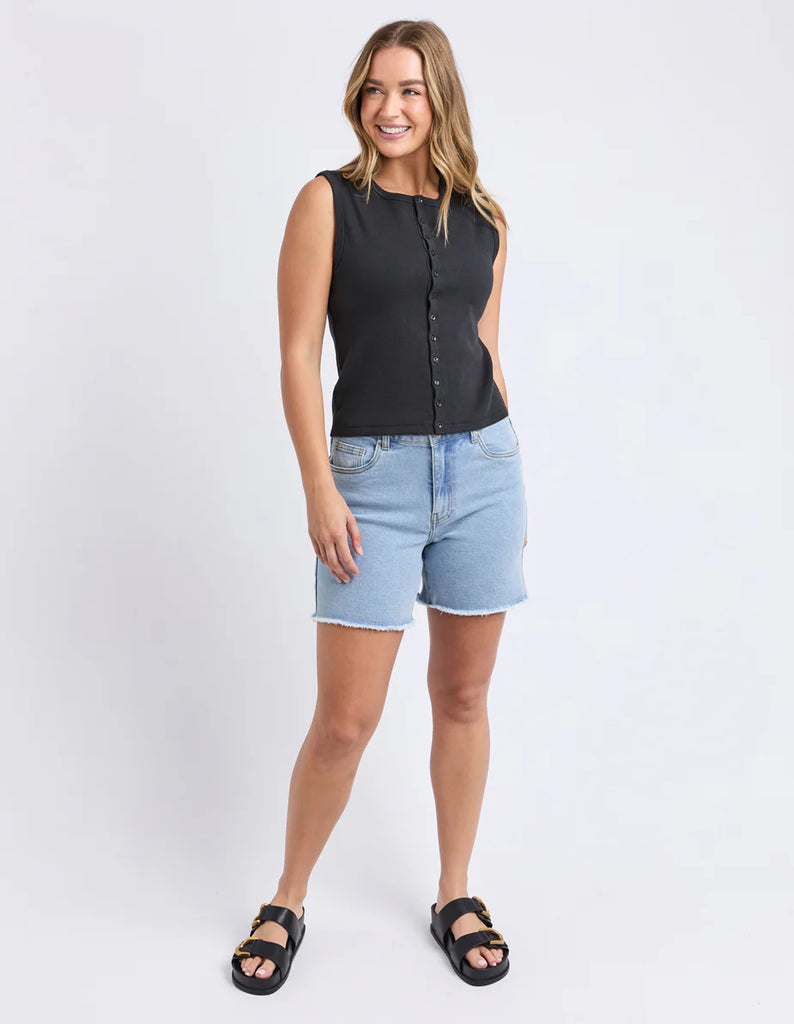 Raf Button Through Tank - Black-Foxwood-The Raf Button Through Tank is your new go-to for sleek, easy styling. Featuring a full button front and crafted from a soft, double-layer rib fabric, it offers a comfortable, flattering fit that moves with you. Perfect for layering or wearing on its own with denim or linen for a polished off-duty look. Front button opening Double layer rib fabric Fitted style 94% Cotton / 6% Elastane Model is wearing a size 10-Pash + Evolve