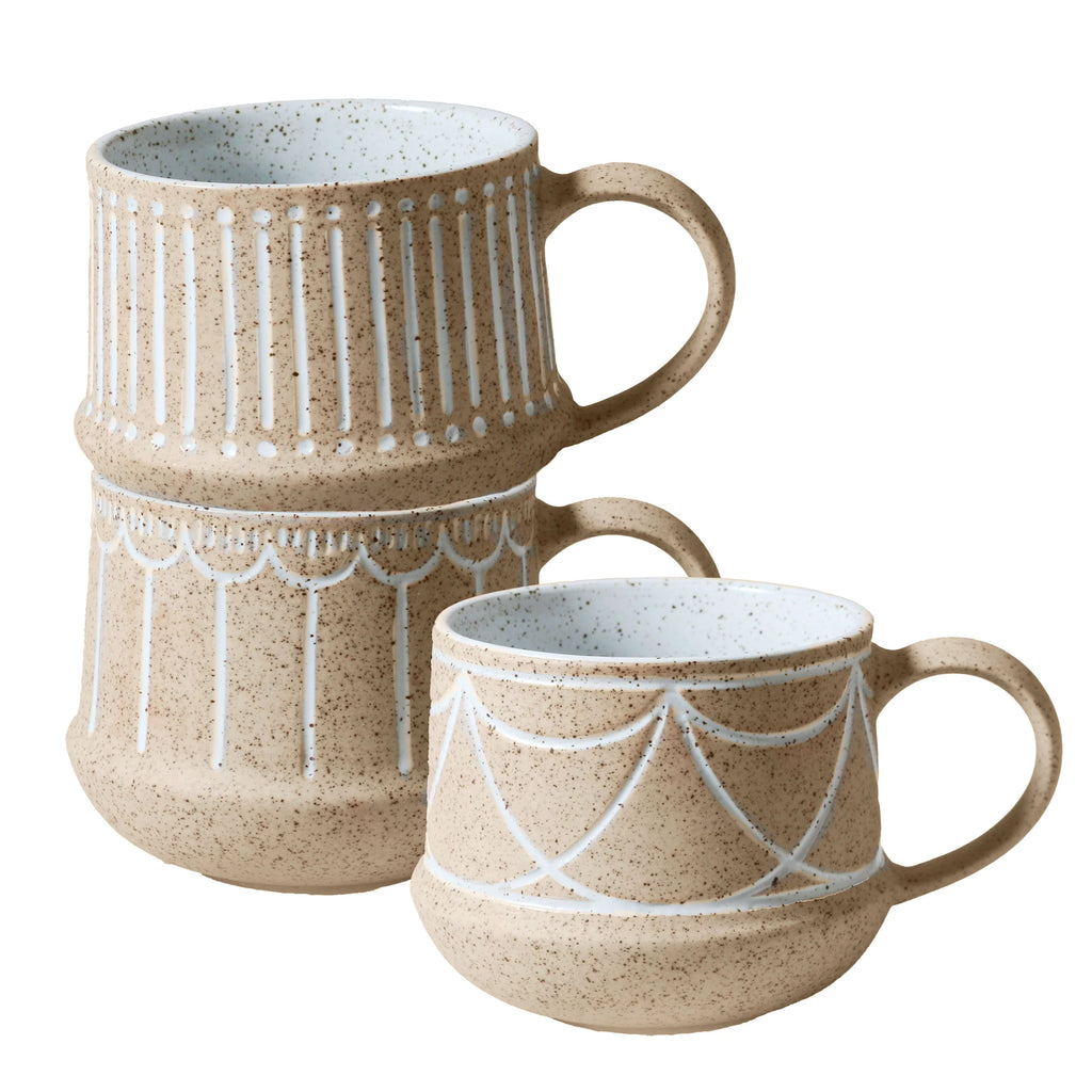 S/3 mugs - natural-Robert gordon-Natural Entertainer is designed for effortless hosting, with pieces that feel as grounding as they are beautiful. Made from unglazed speckled clay, each form is etched with subtle detail. The range is raw, tactile, and quietly refined. Set of 3 mugs with mixed designs Made from high fired stoneware Microwave & Dishwasher safe Earthy clay body with light organic glaze 345ml Designed in Australia-Pash + Evolve
