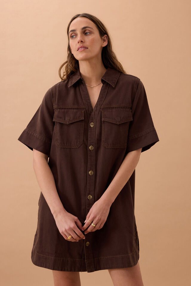 Sammy relaxed shirt dress - chocolate-Ceres Life-Made from mid weight denim with soft finish Featuring 100% Organic denim Relaxed fit Mini length with shaped hem and side splits Front pockets with hidden snap closure-Pash + Evolve