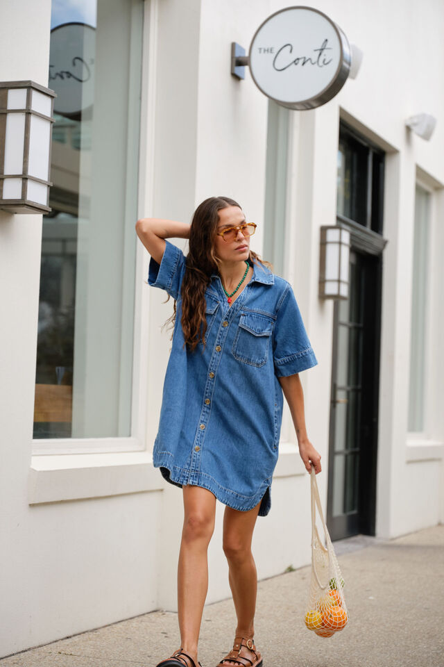 Sammy relaxed shirt dress - fresh indigo-Ceres Life-Made from mid weight denim with soft finish Featuring 100% Organic denim Relaxed fit Mini length with shaped hem and side splits Front pockets with hidden snap closure-Pash + Evolve