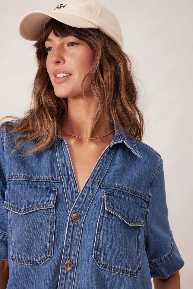 Sammy relaxed shirt dress - fresh indigo-Ceres Life-Made from mid weight denim with soft finish Featuring 100% Organic denim Relaxed fit Mini length with shaped hem and side splits Front pockets with hidden snap closure-Pash + Evolve