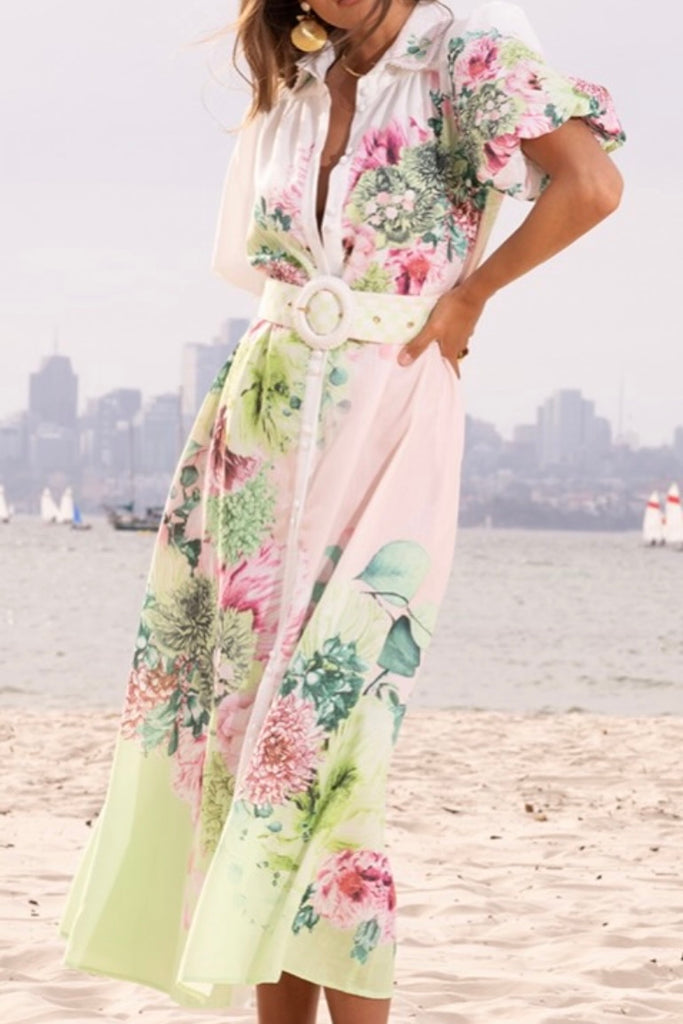 Sarah dress - sorbet-Pash + Evolve-*Button down front *Belt *Balloon sleeve *Collar *Print all over *Maxi length-Pash + Evolve