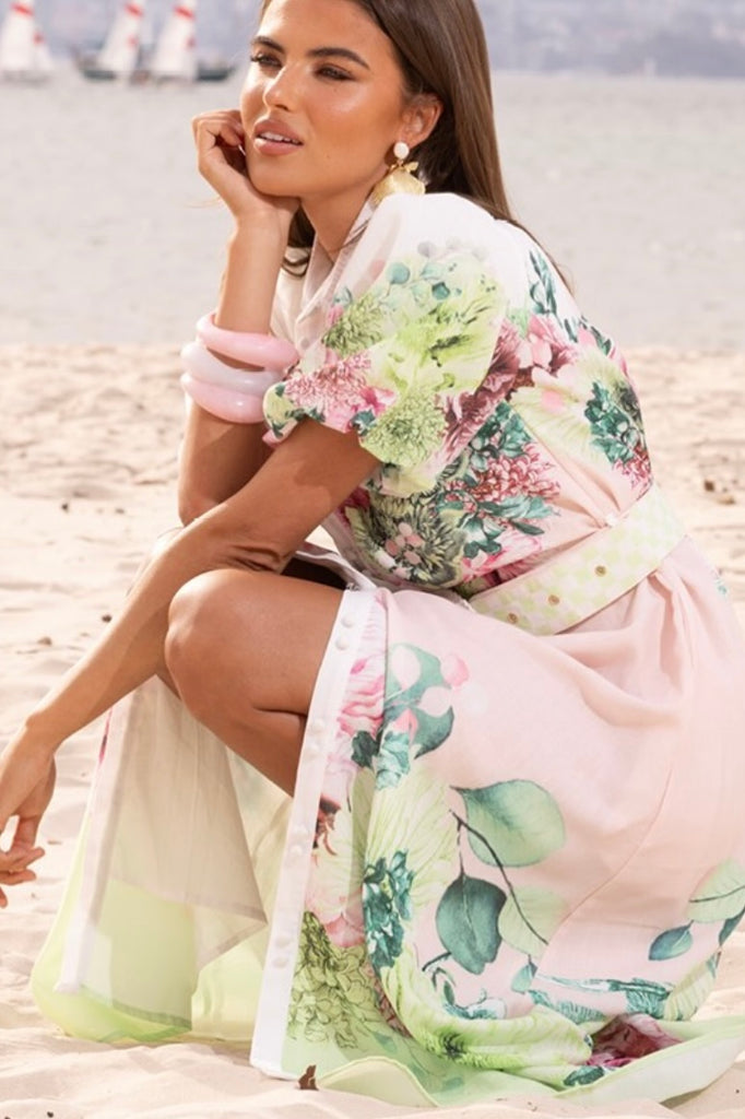 Sarah dress - sorbet-Pash + Evolve-*Button down front *Belt *Balloon sleeve *Collar *Print all over *Maxi length-Pash + Evolve