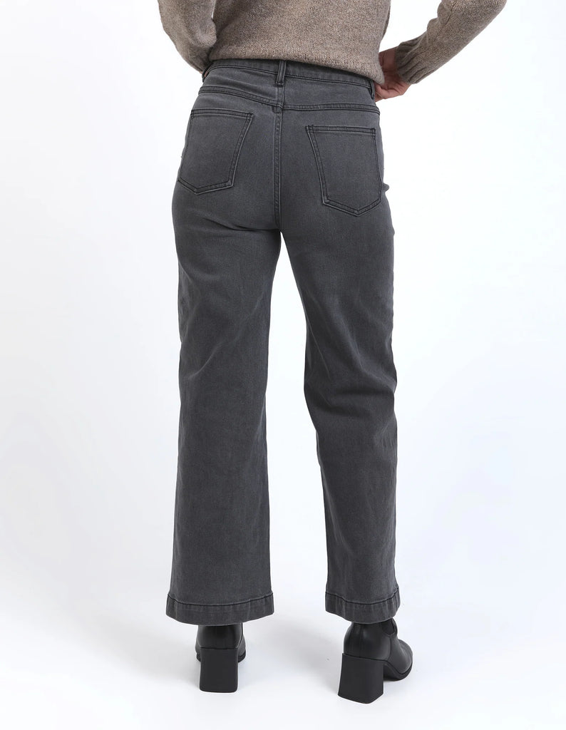 Sarah wide leg jean - washed black-Foxwood-A new high-rise jean featuring front patch pockets, a fitted waist and slightly wide leg. Wide leg High rise Front pockets 98% Cotton 2% Elastane Model is 176cm and wears size 10-Pash + Evolve