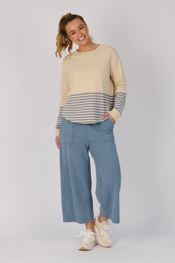 Scoop Hem Long Sleeve Top - Stone Blue Stripe-One Ten Willow-Round Neckline Long Sleeve Scoop Hem Rib Cuff and Collar Panel Detail Material: 80% Cotton 20% Elastane French Terry Model is 176cm (Size 8-10) and wears our size Small Designed in Geelong, Australia-Pash + Evolve