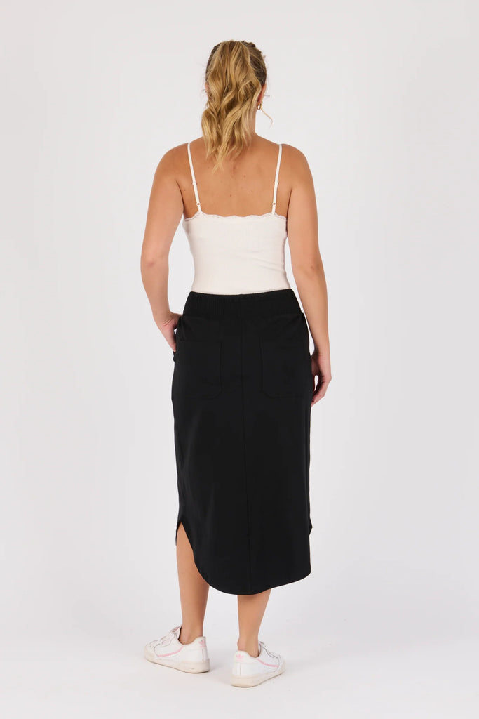 Scoop hem midi skirt - black-One Ten Willow-Shirred Elastic Waistband Scoop Hem Midi Length Side Seam Pockets Designed in Geelong Material: 95% Cotton 5% Elastane Model is 176cm (Size 8-10) and wears our size Small-Pash + Evolve