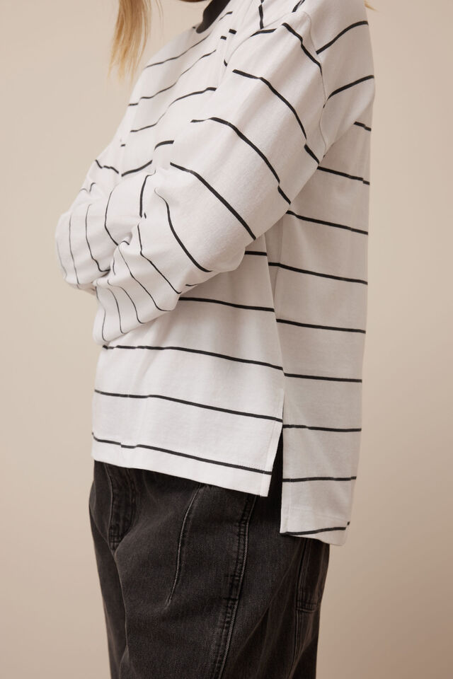 Scout Slouchy Long Sleeve Tee - White fine stripe-Ceres Life-Proudly made in Australian Cotton Oversized fit Drop Shoulder Step Hem Self fabric neck binding Soft Hand feel-Pash + Evolve