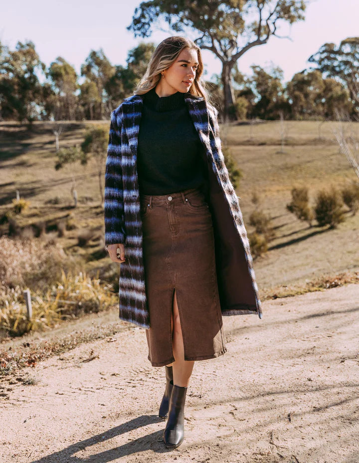 Scout midi skirt - chocolate-Foxwood-The Scout Midi Skirt is this season's must-have skirt. Scout is the perfect partner for Spring and Summer Dressing, featuring a split front detail and a light blue wash. Pair back with a tee and sneakers, or dress up to take you into the night. Midi Skirt Length Front Split Detail Classic 5-Pocket Jean Waist Stretch Denim-Pash + Evolve