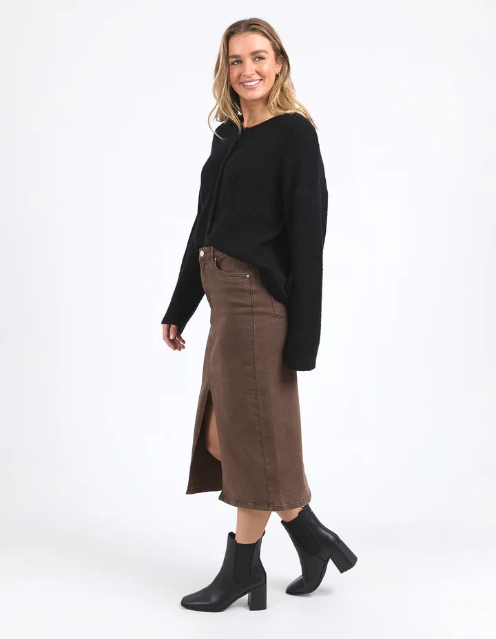 Scout midi skirt - chocolate-Foxwood-The Scout Midi Skirt is this season's must-have skirt. Scout is the perfect partner for Spring and Summer Dressing, featuring a split front detail and a light blue wash. Pair back with a tee and sneakers, or dress up to take you into the night. Midi Skirt Length Front Split Detail Classic 5-Pocket Jean Waist Stretch Denim-Pash + Evolve