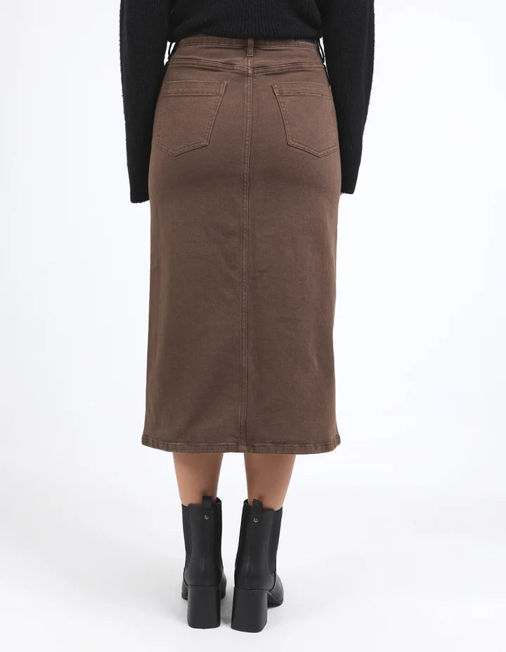 Scout midi skirt - chocolate-Foxwood-The Scout Midi Skirt is this season's must-have skirt. Scout is the perfect partner for Spring and Summer Dressing, featuring a split front detail and a light blue wash. Pair back with a tee and sneakers, or dress up to take you into the night. Midi Skirt Length Front Split Detail Classic 5-Pocket Jean Waist Stretch Denim-Pash + Evolve