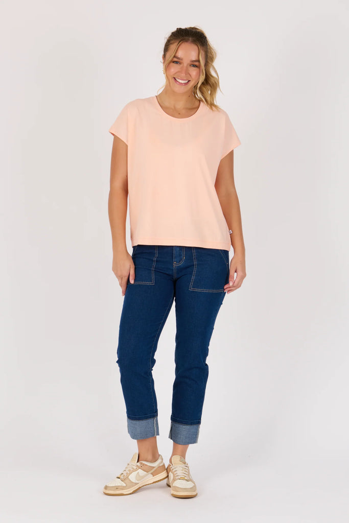 Shell tee - melon-One Ten Willow-Round Neck Curve Hemline Short Sleeve Best Seller Model is 176cm (Size 8-10) and wears our size Small Designed in Geelong, Australia Material: 95% Cotton 5% Elastane-Pash + Evolve