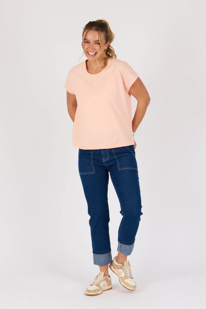 Shell tee - melon-One Ten Willow-Round Neck Curve Hemline Short Sleeve Best Seller Model is 176cm (Size 8-10) and wears our size Small Designed in Geelong, Australia Material: 95% Cotton 5% Elastane-Pash + Evolve