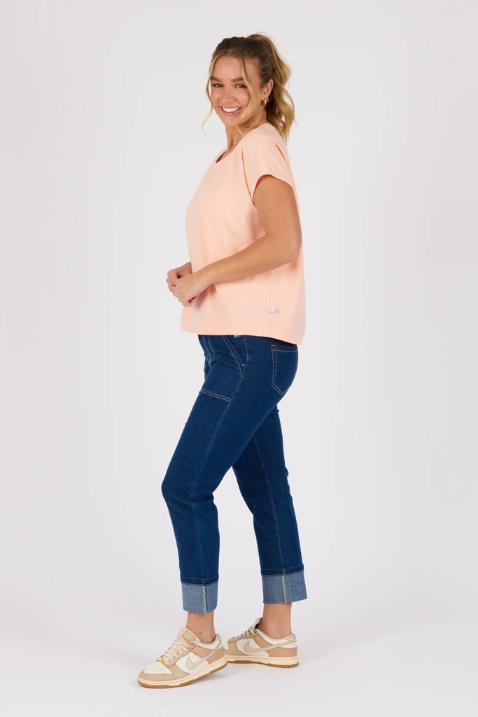 Shell tee - melon-One Ten Willow-Round Neck Curve Hemline Short Sleeve Best Seller Model is 176cm (Size 8-10) and wears our size Small Designed in Geelong, Australia Material: 95% Cotton 5% Elastane-Pash + Evolve