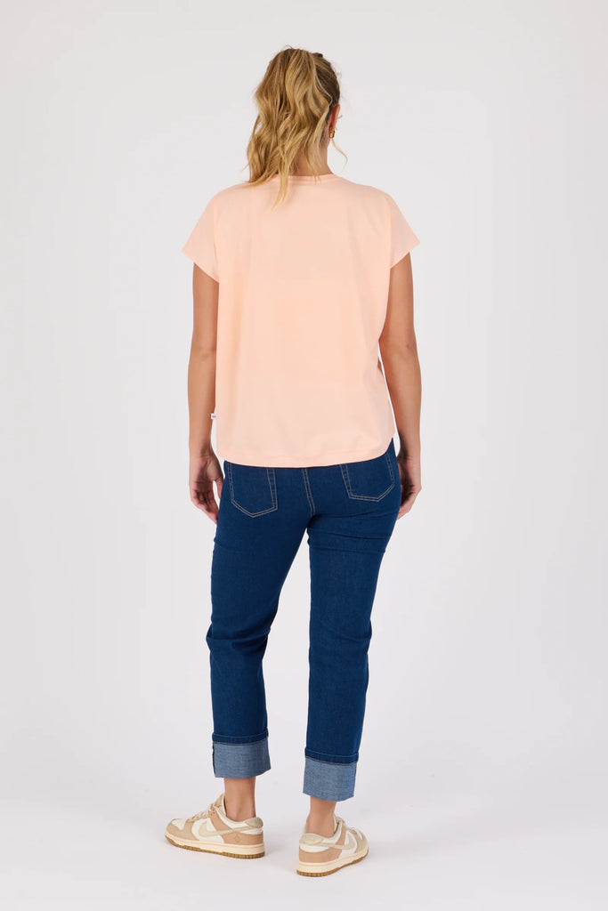 Shell tee - melon-One Ten Willow-Round Neck Curve Hemline Short Sleeve Best Seller Model is 176cm (Size 8-10) and wears our size Small Designed in Geelong, Australia Material: 95% Cotton 5% Elastane-Pash + Evolve