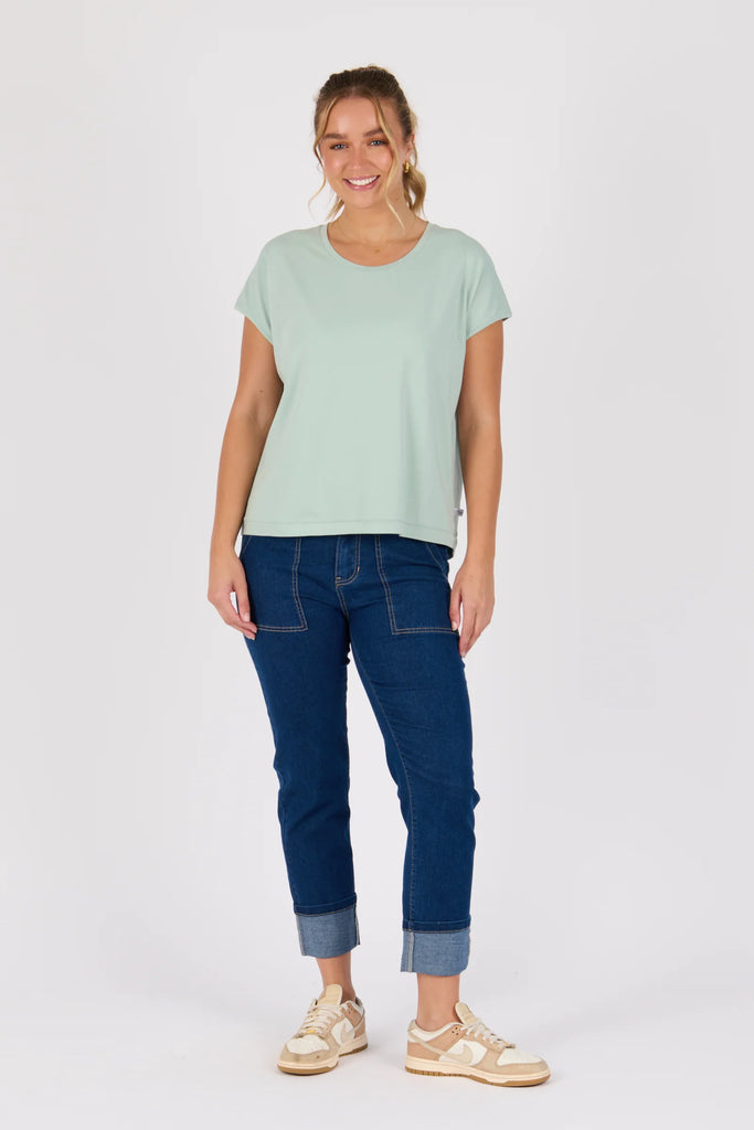 Shell tee - sea green-One Ten Willow-Round Neck Curve Hemline Short Sleeve Best Seller Model is 176cm (Size 8-10) and wears our size Small Designed in Geelong, Australia Material: 95% Cotton 5% Elastane-Pash + Evolve