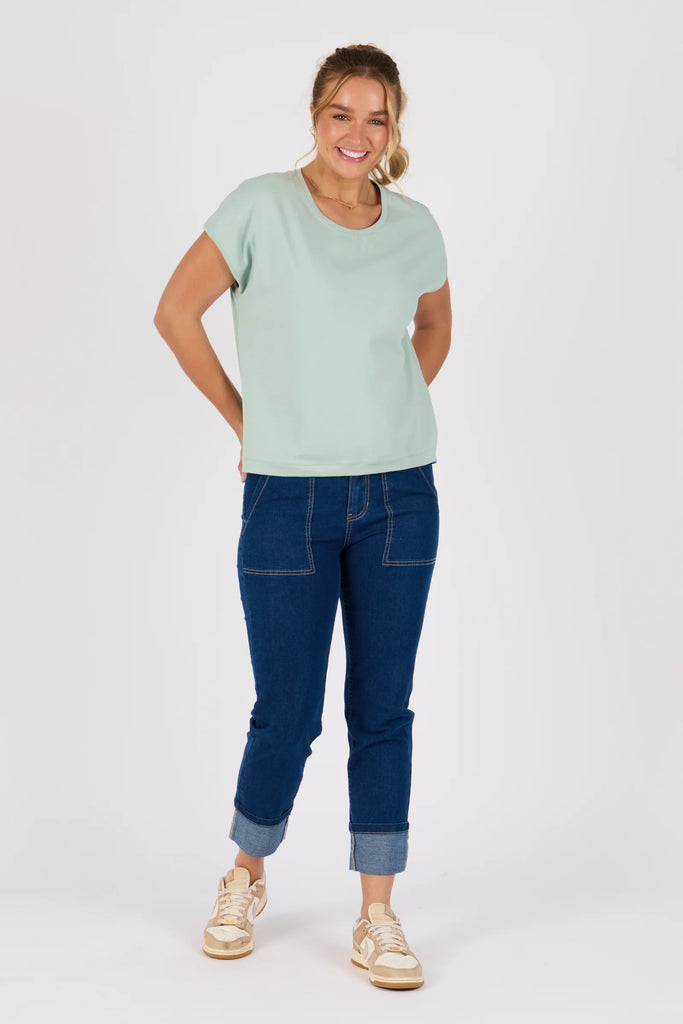 Shell tee - sea green-One Ten Willow-Round Neck Curve Hemline Short Sleeve Best Seller Model is 176cm (Size 8-10) and wears our size Small Designed in Geelong, Australia Material: 95% Cotton 5% Elastane-Pash + Evolve