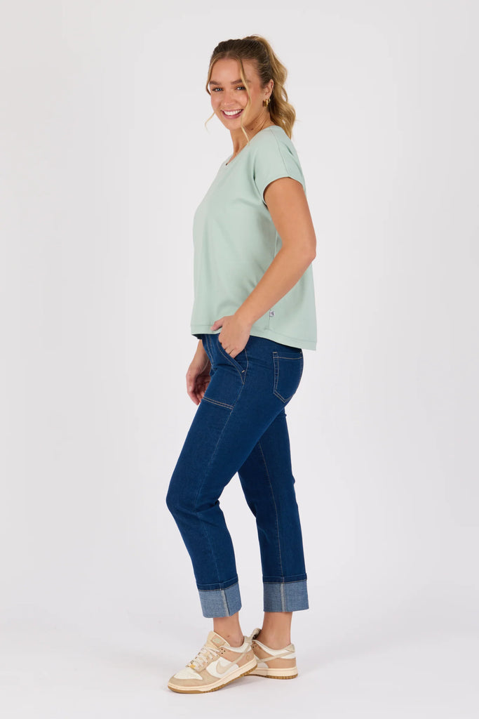 Shell tee - sea green-One Ten Willow-Round Neck Curve Hemline Short Sleeve Best Seller Model is 176cm (Size 8-10) and wears our size Small Designed in Geelong, Australia Material: 95% Cotton 5% Elastane-Pash + Evolve