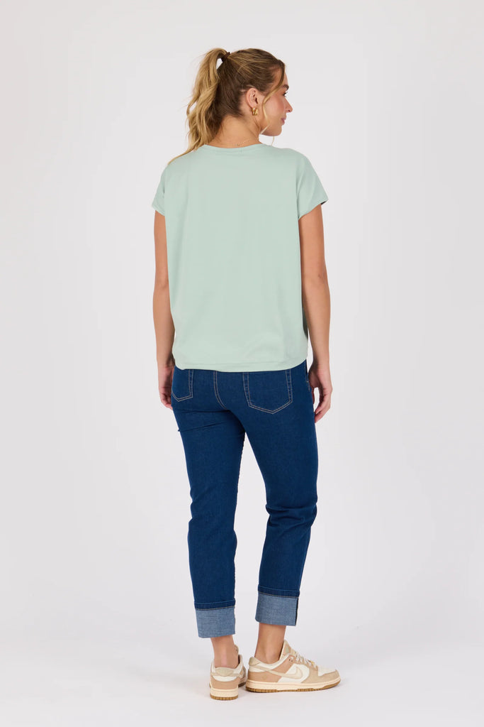 Shell tee - sea green-One Ten Willow-Round Neck Curve Hemline Short Sleeve Best Seller Model is 176cm (Size 8-10) and wears our size Small Designed in Geelong, Australia Material: 95% Cotton 5% Elastane-Pash + Evolve
