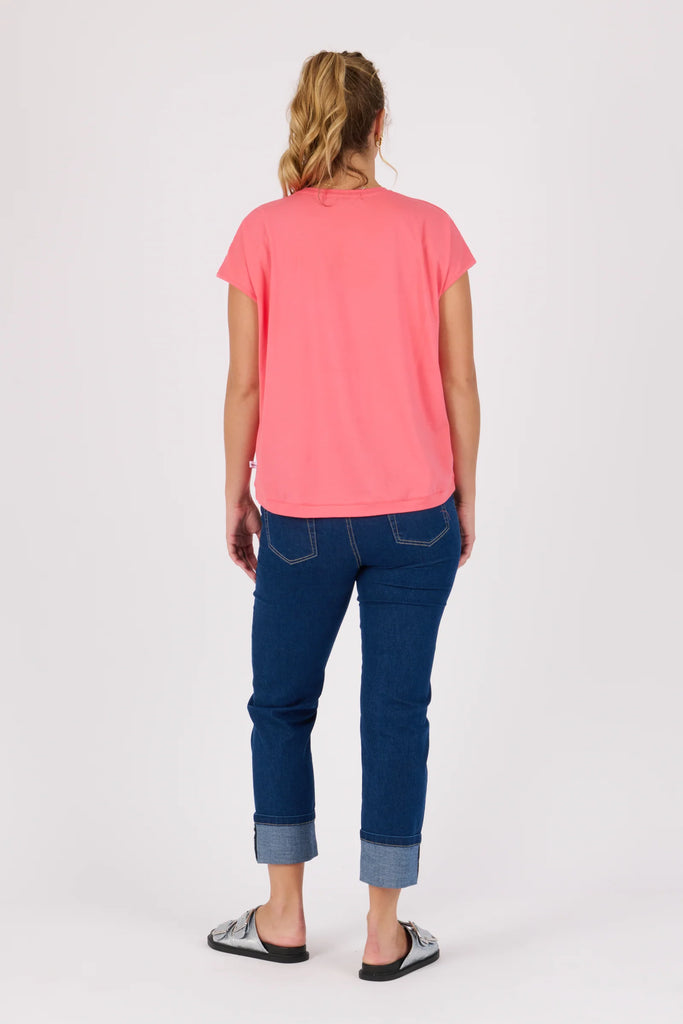 Shell tee - sunkist coral-One Ten Willow-Round Neck Curve Hemline Short Sleeve Best Seller Model is 176cm (Size 8-10) and wears our size Small Designed in Geelong, Australia Material: 95% Cotton 5% Elastane-Pash + Evolve