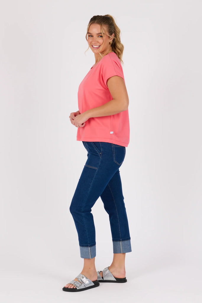 Shell tee - sunkist coral-One Ten Willow-Round Neck Curve Hemline Short Sleeve Best Seller Model is 176cm (Size 8-10) and wears our size Small Designed in Geelong, Australia Material: 95% Cotton 5% Elastane-Pash + Evolve