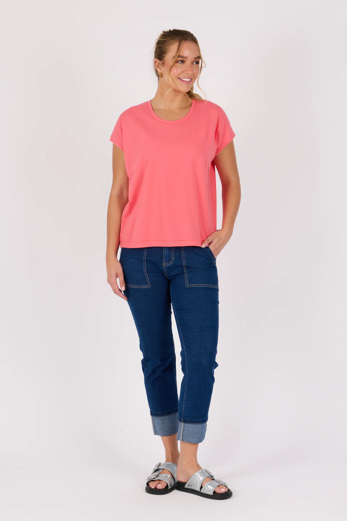 Shell tee - sunkist coral-One Ten Willow-Round Neck Curve Hemline Short Sleeve Best Seller Model is 176cm (Size 8-10) and wears our size Small Designed in Geelong, Australia Material: 95% Cotton 5% Elastane-Pash + Evolve