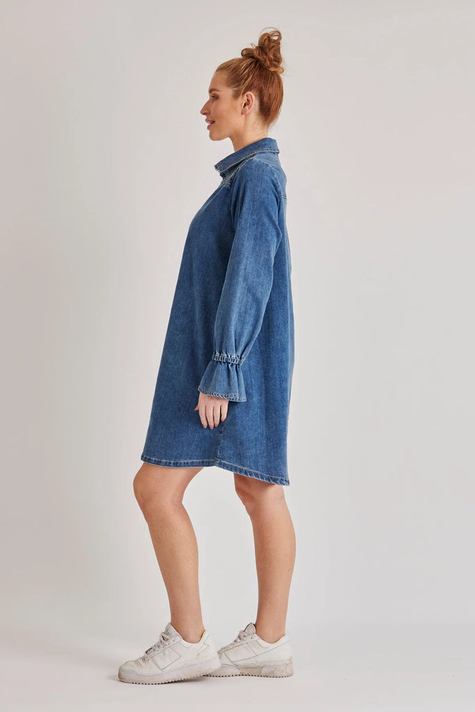 Shirred yoke detail dress - mid blue-One Ten Willow-This gorgeous one ten willow denim dress is a must have! Featuring buttons, side pockets, and intricate shirring on the front. *Denim dress *Buttons *Pockets *Long sleeve *Shirring on front *Cotton, polyester & elastane blend-Pash + Evolve
